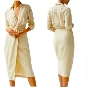NWT Anthropologie Knot Front Midi Dress Linen Blend Natural Cream Size 8
